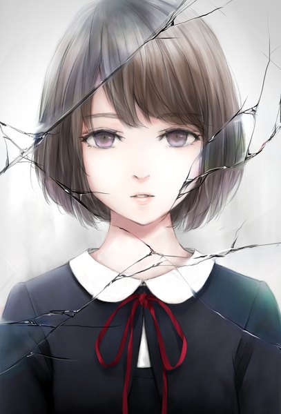 Anime picture 679x1000 with original nuwanko single tall image looking at viewer fringe short hair brown hair brown eyes upper body parted lips portrait broken glass girl
