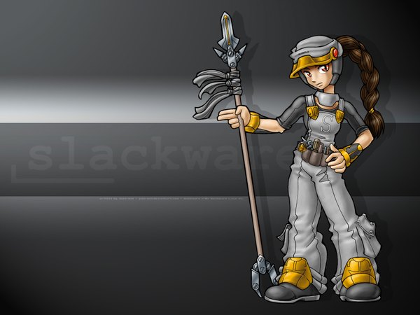 Anime picture 1600x1200 with os-tan linux juzo-kun grey background spear overalls slackware