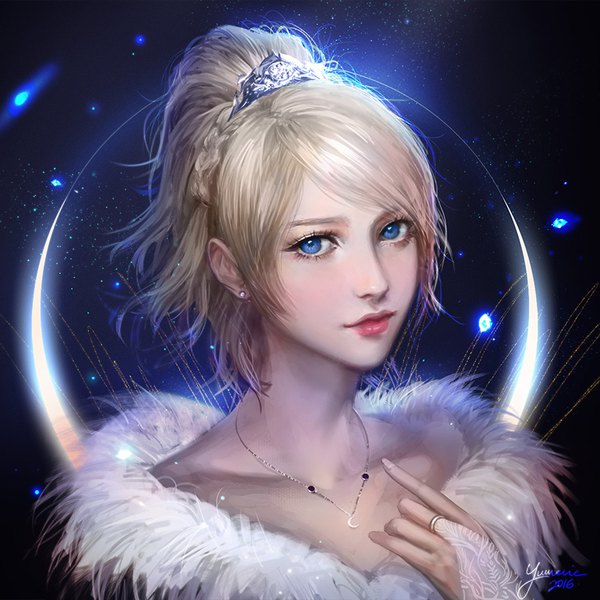 Anime picture 800x800 with final fantasy final fantasy xv square enix lunafreya nox fleuret yume-rie single long hair looking at viewer fringe blue eyes blonde hair signed ponytail braid (braids) lips sparkle fur trim lipstick portrait pink lipstick