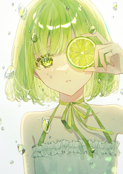 Anime picture 1000x1413 with original necojishi single tall image looking at viewer short hair green eyes upper body green hair covering eye (eyes) girl water drop fruit lime