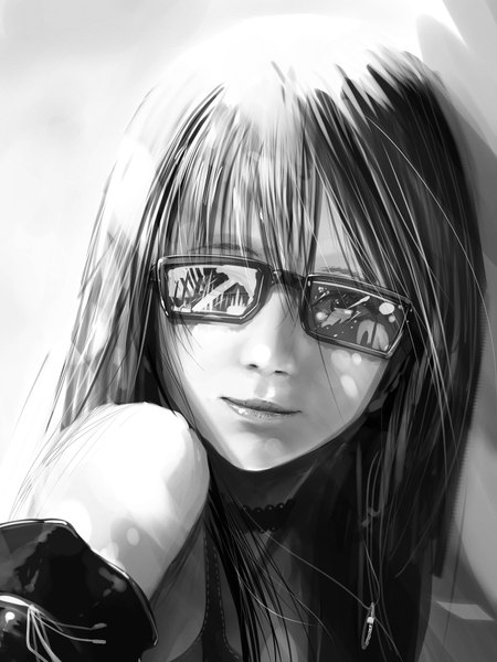 Anime picture 3000x4000 with original 108 single long hair tall image looking at viewer highres bare shoulders realistic monochrome close-up face girl choker glasses pendant jewelry sunglasses
