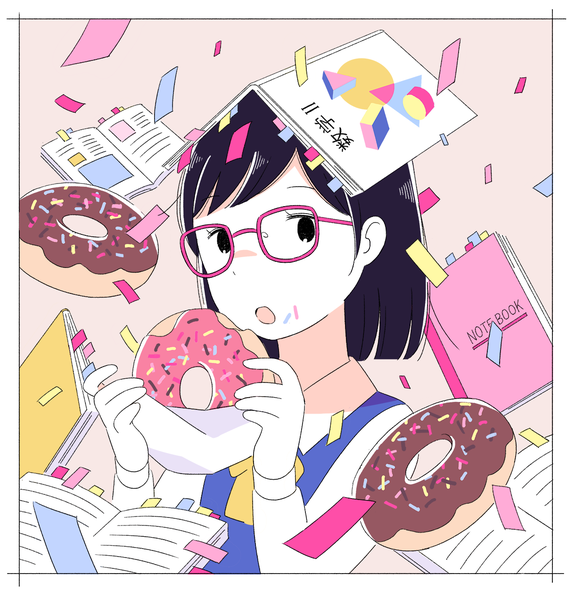 Anime picture 1220x1272 with original satou odori (super normal) single tall image looking at viewer short hair open mouth black hair long sleeves black eyes border girl glasses food book (books) confetti doughnut notebook