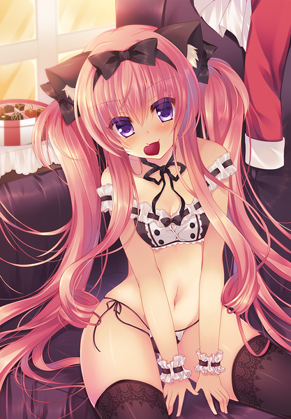 Anime picture 800x1150 with original lilia chocolanne suzunone rena single long hair tall image looking at viewer blush light erotic purple eyes twintails animal ears pink hair cat ears cat girl girl thighhighs underwear panties bow