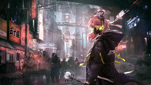Anime picture 2000x1125 with original i-ron long hair looking at viewer fringe highres wide image standing purple eyes holding pink hair outdoors looking back night city hieroglyph rain cyberpunk girl gloves