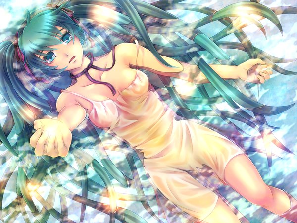 Anime picture 1000x750 with vocaloid hatsune miku natsuki yuka long hair twintails bare shoulders aqua eyes green hair outstretched arm girl ribbon (ribbons) water