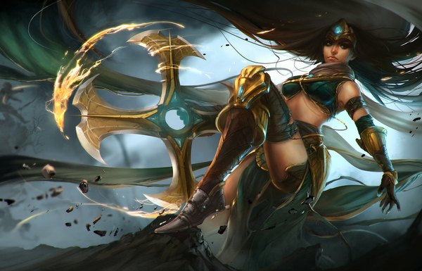 Anime picture 1024x658 with league of legends sivir (league of legends) harpiya single looking at viewer blue eyes brown hair very long hair lips girl gloves weapon