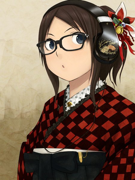 Anime picture 1000x1333 with original okiru (artist) single long hair tall image open mouth brown hair looking away ponytail traditional clothes japanese clothes hair flower black eyes :o girl hair ornament flower (flowers) glasses headphones skull