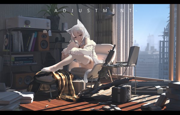 Anime picture 4000x2560 with original luoxiaofei single long hair looking at viewer fringe highres hair between eyes sitting bare shoulders animal ears payot absurdres full body bent knee (knees) white hair indoors tail animal tail sunlight