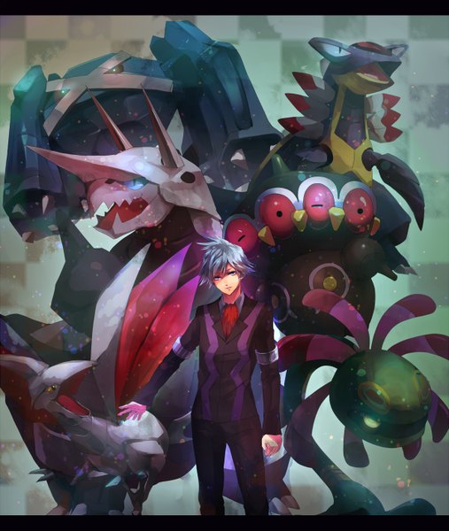 Anime picture 1200x1419 with pokemon nintendo steven stone metagross claydol aggron skarmory cradily armaldo nishikawa (fe) tall image looking at viewer short hair blue eyes blue hair group checkered background gen 3 pokemon boy animal