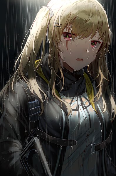 Anime picture 700x1062 with girls frontline ump9 (girls frontline) silence girl single long hair tall image looking at viewer fringe breasts open mouth simple background blonde hair hair between eyes red eyes twintails upper body long sleeves head tilt sunlight open clothes