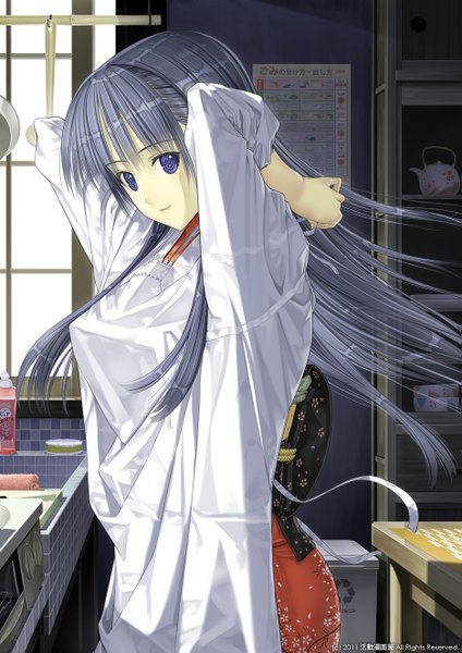 Anime picture 935x1324 with original nakabayashi reimei single long hair tall image looking at viewer blue eyes blue hair traditional clothes japanese clothes girl kimono apron teapot kitchen stove garbage can
