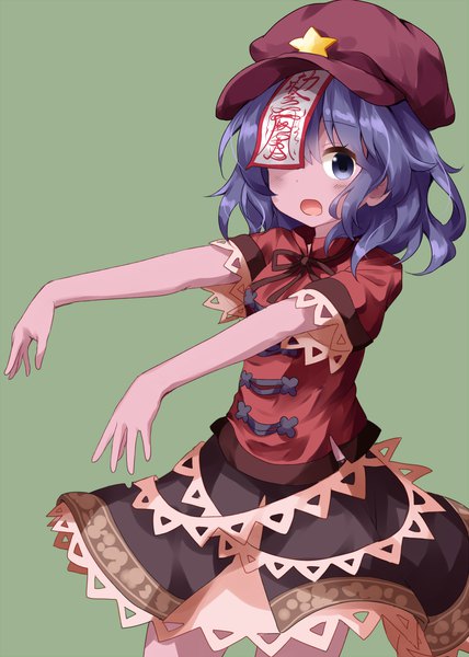 Anime picture 1000x1400 with touhou miyako yoshika ruu (tksymkw) single tall image looking at viewer blush short hair open mouth simple background purple eyes purple hair :o short sleeves green background covering eye (eyes) zombie pose girl hat star (symbol)