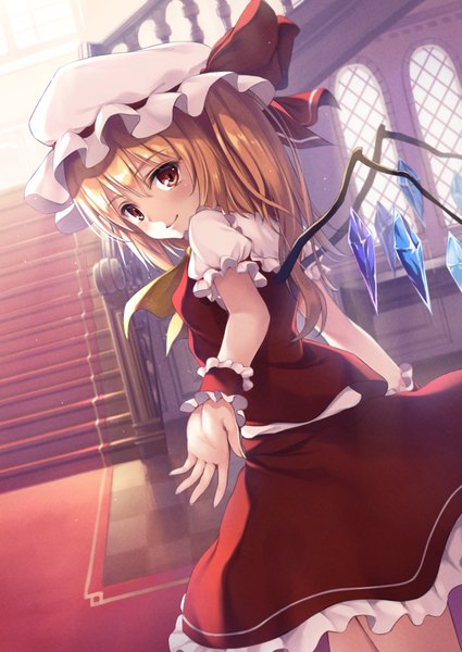 Anime picture 616x870 with touhou flandre scarlet ouka (ra-raradan) single long hair tall image looking at viewer blush fringe blonde hair smile hair between eyes red eyes standing indoors looking back short sleeves one side up outstretched hand girl