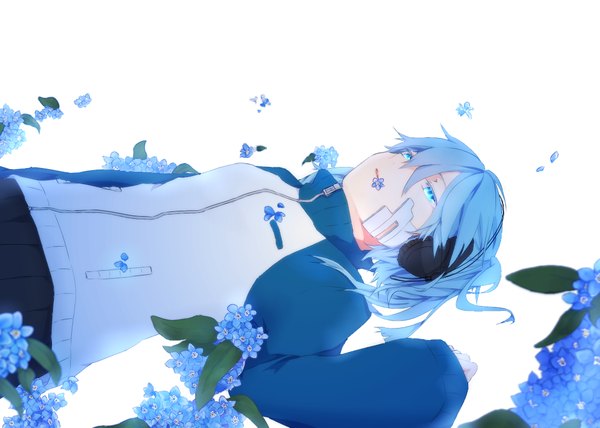 Anime picture 1120x800 with kagerou project shaft (studio) ene (kagerou project) nikoru single short hair open mouth blue eyes simple background white background twintails blue hair lying long sleeves short twintails looking up girl flower (flowers) petals headphones