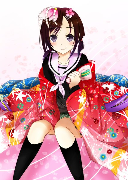 Anime picture 1447x2039 with hanayamata madhouse sekiya naru ameyoshi single tall image looking at viewer blush short hair smile brown hair purple eyes girl uniform hair ornament petals socks serafuku black socks naruko (instrument)