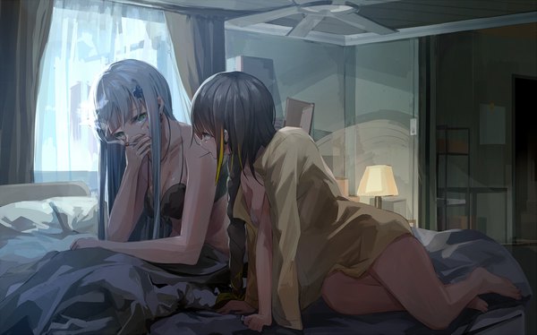 Anime picture 2300x1435 with girls frontline hk416 (girls frontline) m16a1 (girls frontline) miyabino (miyabi1616) long hair fringe highres breasts blue eyes light erotic brown hair wide image bare shoulders multiple girls holding green eyes yellow eyes looking away cleavage silver hair