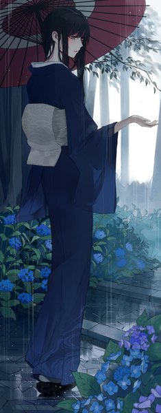 Anime picture 745x1895 with original i 0r i single long hair tall image black hair brown eyes traditional clothes japanese clothes rain girl flower (flowers) plant (plants) tree (trees) kimono leaf (leaves) umbrella obi hydrangea