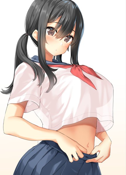 Anime picture 794x1104 with original body mahattaya ginga single long hair tall image looking at viewer blush fringe breasts light erotic black hair simple background hair between eyes large breasts standing white background twintails brown eyes payot pleated skirt