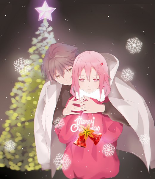 Anime picture 1200x1381 with guilty crown production i.g yuzuriha inori ouma shu yukilus tall image fringe short hair simple background hair between eyes brown hair standing brown eyes pink hair pink eyes couple hug holding hands snowing christmas
