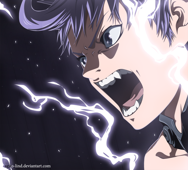 Anime picture 1000x905 with air gear toei animation nue (air gear) aagito single short hair open mouth purple eyes purple hair teeth coloring magic dark background close-up face angry sharp teeth lightning boy