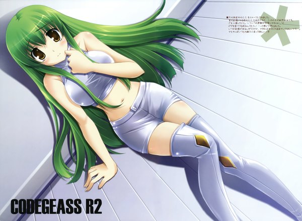 Anime picture 3500x2572 with code geass sunrise (studio) c.c. ikegami akane single long hair looking at viewer fringe highres breasts large breasts sitting yellow eyes payot indoors green hair bare belly shadow girl thighhighs