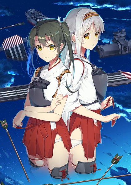 Anime picture 708x1000 with kantai collection shoukaku aircraft carrier zuikaku aircraft carrier asahina hikage long hair tall image light erotic black hair smile standing twintails multiple girls yellow eyes silver hair cloud (clouds) traditional clothes japanese clothes pleated skirt night night sky