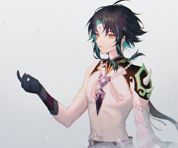 Anime picture 3600x3000 with genshin impact xiao (genshin impact) hyun9164 single highres short hair black hair simple background yellow eyes looking away absurdres upper body multicolored hair wind grey background outstretched arm colored inner hair forehead mark boy gloves