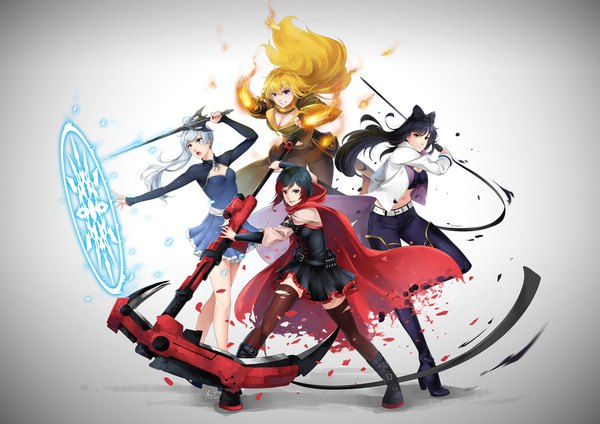 Anime picture 2828x2000 with rwby rooster teeth ruby rose weiss schnee blake belladonna yang xiao long lulu-chan92 long hair looking at viewer highres short hair breasts open mouth blue eyes black hair simple background blonde hair smile standing purple eyes