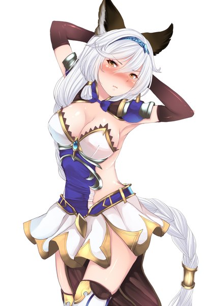 Anime picture 880x1200 with granblue fantasy heles kiyomin single tall image looking at viewer blush breasts light erotic simple background large breasts standing white background brown eyes animal ears cleavage tail braid (braids) very long hair head tilt