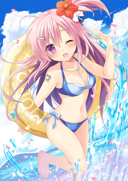 Anime picture 1000x1414 with original ikura nagisa single long hair tall image looking at viewer blush breasts open mouth light erotic pink hair sky cloud (clouds) one eye closed pink eyes hair flower wink girl navel hair ornament
