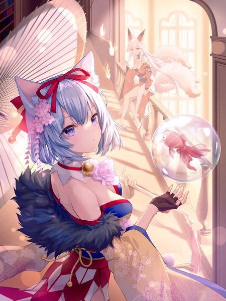 Anime picture 2400x3200 with shuumatsu no akasha chocofox long hair tall image looking at viewer fringe highres short hair breasts blue eyes red eyes large breasts standing sitting multiple girls holding animal ears blue hair cleavage full body