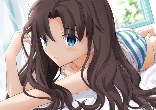 Anime picture 2865x2026 with fate (series) fate/stay night toosaka rin a-senmei single long hair looking at viewer blush fringe highres blue eyes light erotic black hair ass indoors barefoot adjusting hair on side sweatdrop girl