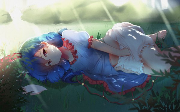 Anime picture 2658x1660 with touhou seiran (touhou) septet (zrca janne) single long hair looking at viewer fringe highres light erotic smile hair between eyes wide image twintails animal ears blue hair bent knee (knees) lying barefoot sunlight shadow