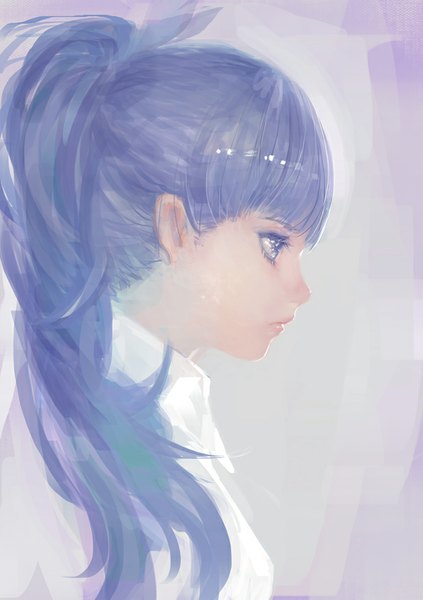 Anime picture 595x842 with original pump single tall image fringe purple eyes purple hair ponytail close-up purple background girl shirt white shirt