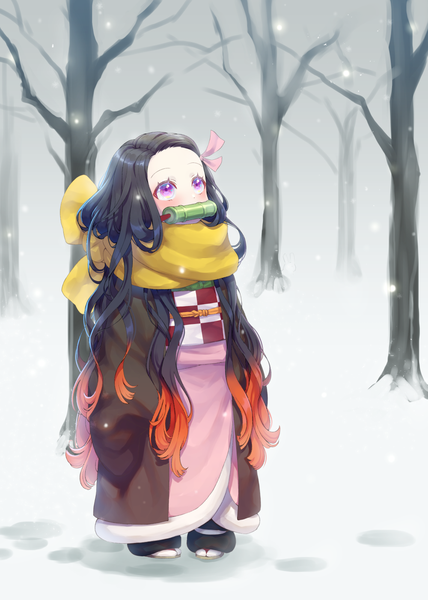Anime picture 1000x1400 with kimetsu no yaiba ufotable kamado nezuko mizuho single long hair tall image blush black hair standing purple eyes full body outdoors traditional clothes japanese clothes multicolored hair wide sleeves two-tone hair snowing looking up