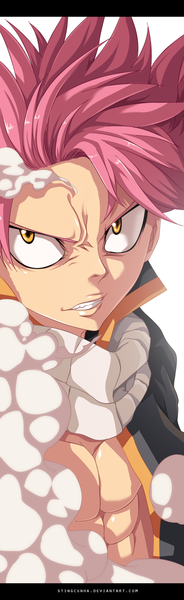 Anime picture 868x2831 with fairy tail natsu dragneel stingcunha single tall image short hair simple background white background yellow eyes pink hair grin coloring letterboxed smoke muscle angry boy scarf