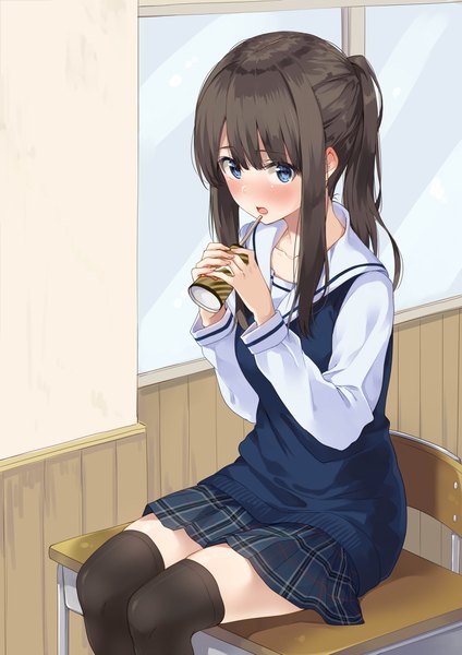 Anime picture 2893x4092 with original unasaka ryou single long hair tall image looking at viewer blush fringe highres open mouth blue eyes brown hair sitting holding payot bent knee (knees) ponytail indoors long sleeves :o