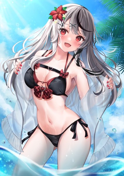 Anime picture 1448x2048 with virtual youtuber hololive sakamata chloe ibuki sho single long hair tall image looking at viewer blush fringe breasts open mouth light erotic smile red eyes large breasts standing sky braid (braids) nail polish