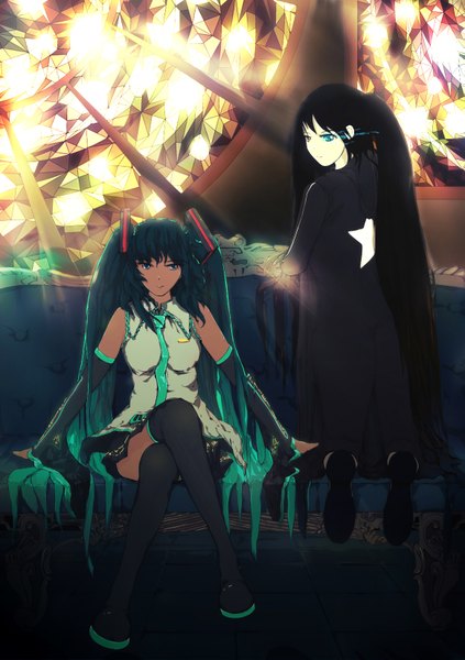 Anime picture 1165x1653 with black rock shooter vocaloid hatsune miku black rock shooter (character) long hair tall image blue eyes black hair twintails multiple girls looking back green hair from behind crossed legs glowing glowing eye (eyes) girl thighhighs 2 girls detached sleeves