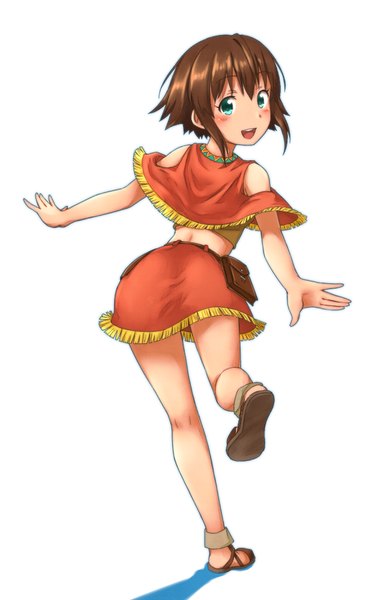 Anime picture 640x1000 with suisei no gargantia production i.g amy (suisei no gargantia) mohya (artist) single tall image looking at viewer blush fringe short hair open mouth light erotic simple background brown hair white background green eyes looking back from behind shadow spread arms