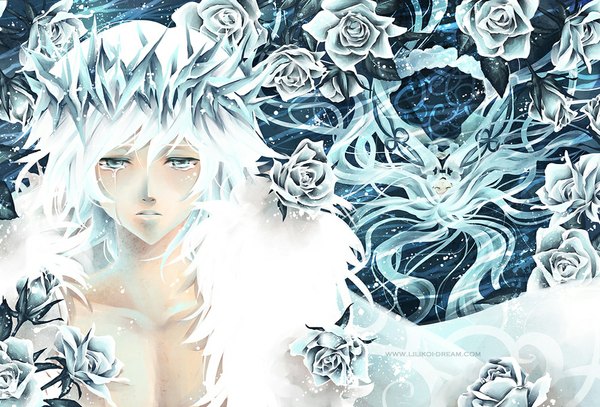 Anime picture 1024x695 with tsubasa reservoir chronicle clamp fay d flourite luleiya long hair short hair blue eyes white hair eyes closed very long hair open clothes tears twins boy flower (flowers) rose (roses) crown mantle ice