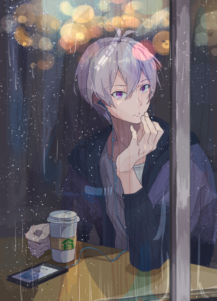 Anime picture 2000x2767 with idolish 7 osaka sougo akiya siruhu single tall image looking at viewer fringe highres short hair hair between eyes sitting purple eyes silver hair upper body ahoge open clothes open jacket lens flare rain hand to mouth