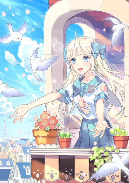 Anime picture 900x1274 with original gearous single long hair tall image blush fringe open mouth blue eyes blonde hair looking away sky cloud (clouds) ahoge blunt bangs :d sunlight city spread arms cityscape