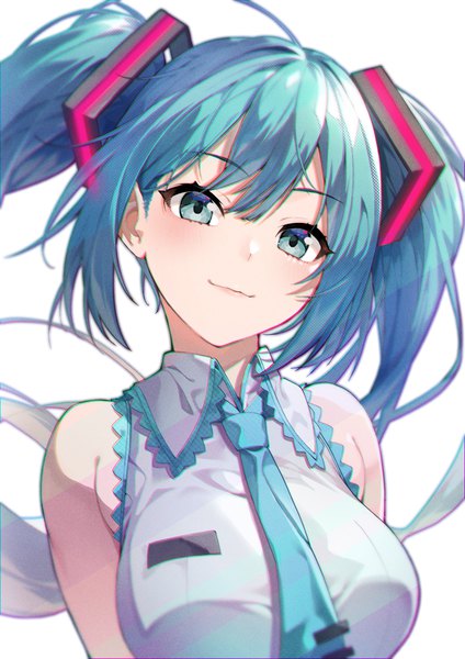 Anime picture 2000x2828 with vocaloid hatsune miku kabu (niniko2ko) single long hair tall image looking at viewer blush highres simple background white background twintails payot upper body ahoge aqua eyes aqua hair girl necktie