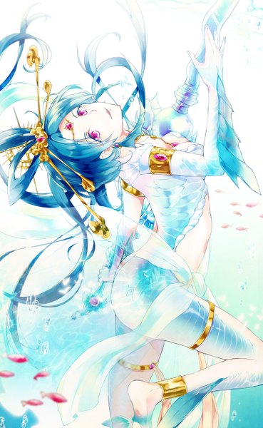 Anime picture 800x1300 with magi the labyrinth of magic a-1 pictures ren kougyoku gigatera05 single long hair tall image breasts white background purple eyes holding blue hair ass barefoot light smile glow djinn equip girl hair ornament weapon