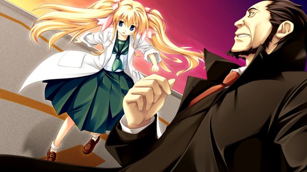 Anime picture 1600x900 with volume7 rococoworks domyoji sakura fue (tsuzuku) long hair fringe blue eyes blonde hair hair between eyes brown hair wide image profile pleated skirt girl boy skirt uniform ribbon (ribbons) hair ribbon serafuku