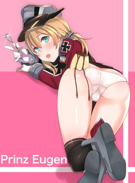 Anime picture 836x1126 with kantai collection prinz eugen (kantai collection) inuhasiru single tall image blush short hair open mouth light erotic blonde hair twintails ass pleated skirt looking back aqua eyes from behind :o sparkle low twintails cameltoe