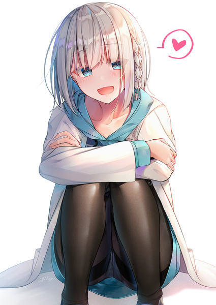Anime picture 1450x2048 with original ramchi single tall image looking at viewer blush fringe short hair open mouth blue eyes light erotic simple background smile white background sitting signed silver hair blunt bangs braid (braids) long sleeves