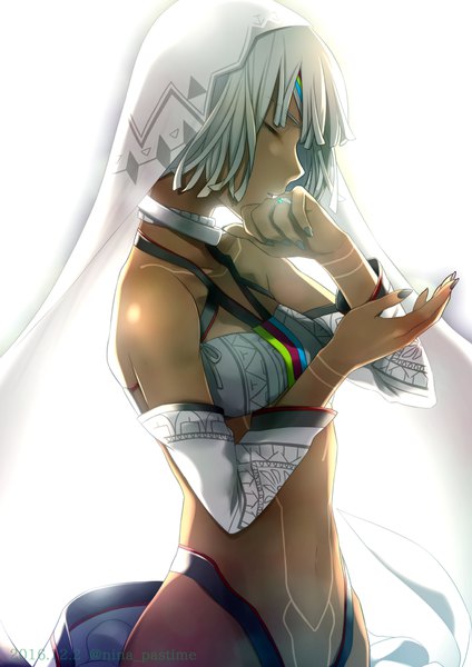 Anime picture 800x1132 with fate (series) fate/extra fate/extella altera (fate) nina (pastime) single tall image fringe short hair light erotic simple background white background upper body eyes closed nail polish profile grey hair dark skin black nail polish girl