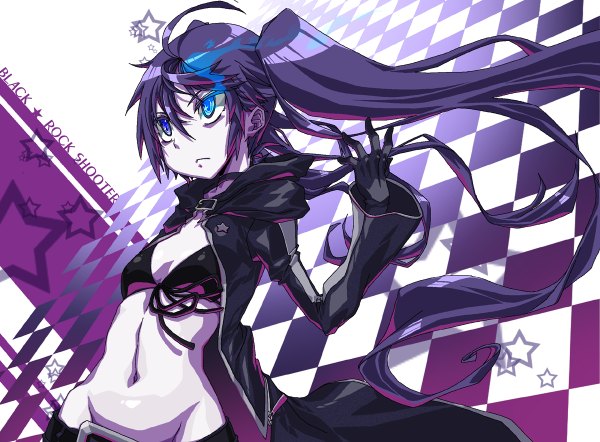 Anime picture 1200x884 with black rock shooter black rock shooter (character) rantia (artist) single long hair blue eyes light erotic standing twintails looking away purple hair open clothes open jacket bare belly midriff copyright name groin glowing glowing eye (eyes) girl